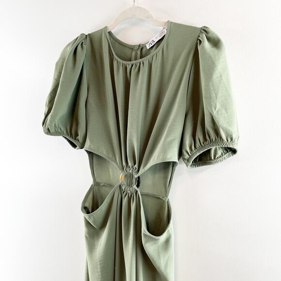 Zara Short Puff Sleeve Round Neck Cut Out A-Line Midi Dress Green Small - Picture 7 of 10